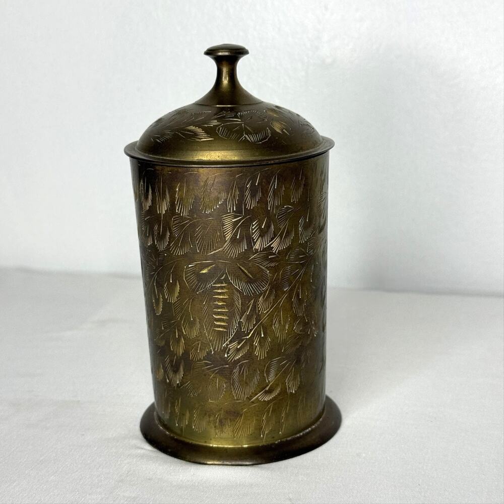 Vintage World Gift Brass Lidded Decorative Tin Canister Etched Floral India